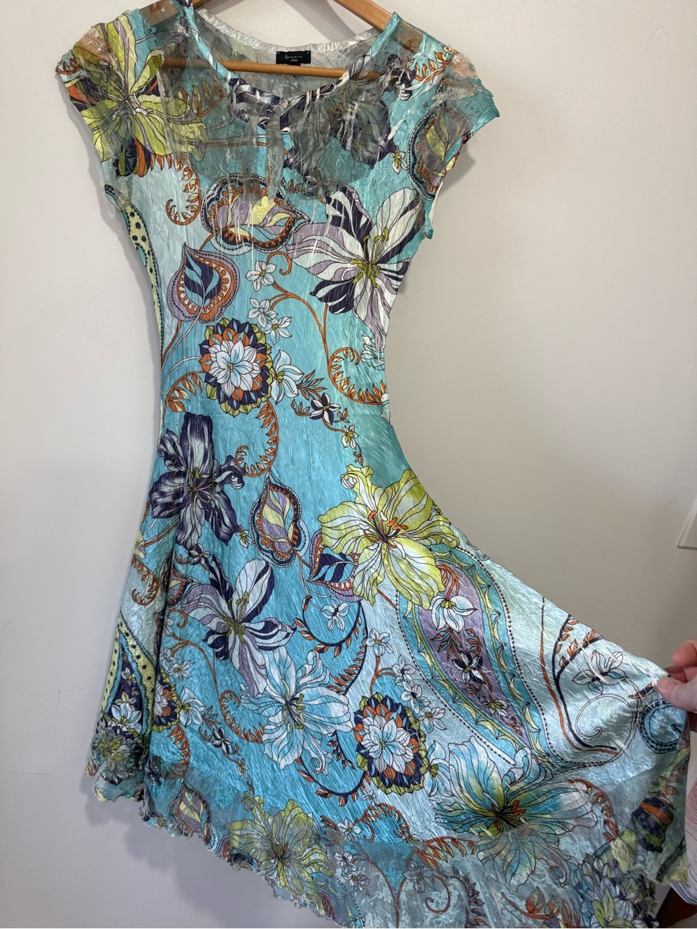 Komarov Aqua Crinkle Lace Floral Fit-and-Flare Midi Dress